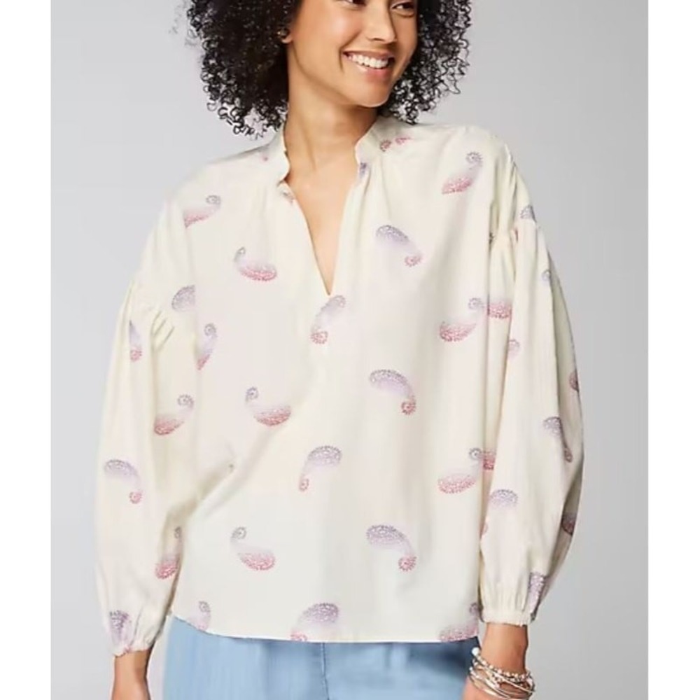 J. Jill Tunic Blouse Women Large Cream Paisley V-Neck Puff Sleeve Cotton Top